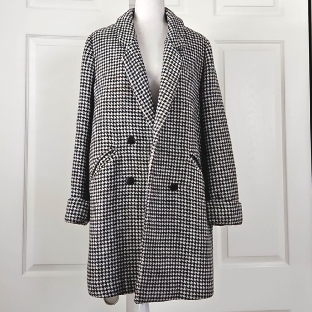 ZARA Wool Double-Breast Houndstooth Long Coat